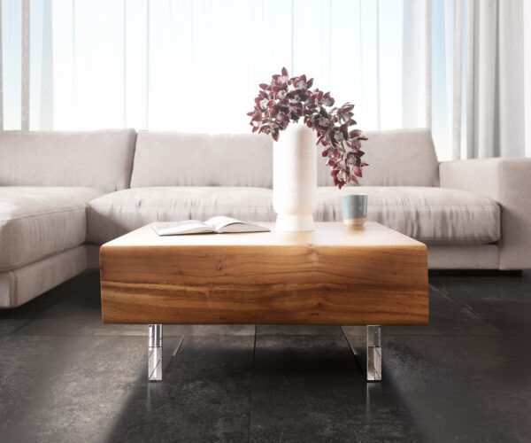 Konferenčný stolík New Live-Edge 80x60 cm akácia prírodná 2 zásuvky akrylová podstava - Image 2