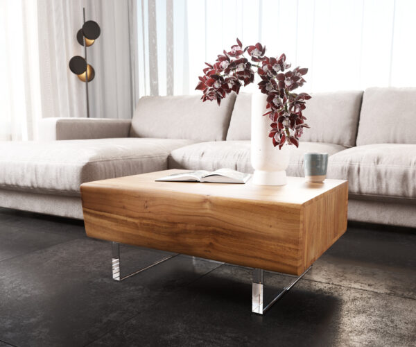 Konferenčný stolík New Live-Edge 80x60 cm akácia prírodná 2 zásuvky akrylová podstava - Image 4