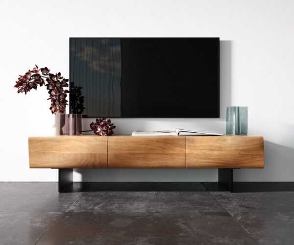 Nízka doska New Live-Edge 145 cm prírodná akácia 3 dvierka podstavec plávajúci kov čierna - Image 4
