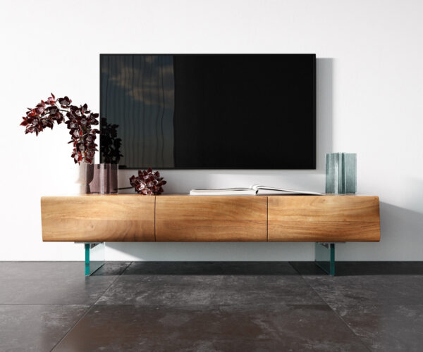 TV stolík New Live-Edge 145 cm akácia prírodná 3 dvierka sklenená podstava - Image 4