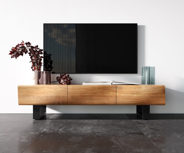 Nízka doska New Live-Edge 145 cm prírodná akácia 3 dvierka behúň kov čierna - Image 4