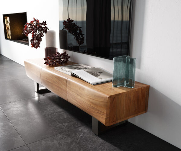 Nízka doska New Live-Edge 145 cm prírodná akácia 3 dvierka behúň brúsená nerezová oceľ - Image 2