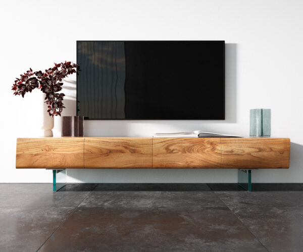 TV stolík New Live-Edge 175 cm akácia prírodná 4 dvierka sklenená podstava - Image 4