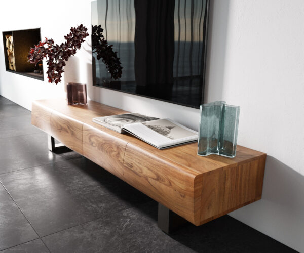 Nízka doska New Live-Edge 175 cm prírodná akácia 4 dvierka behúň brúsená nerezová oceľ - Image 2
