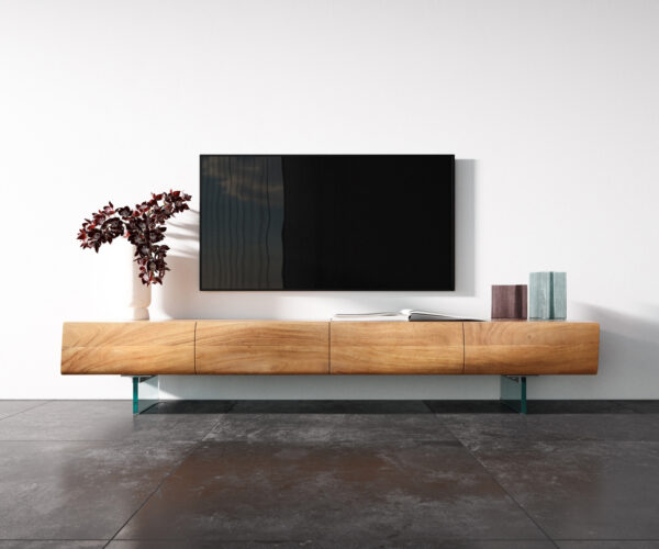 TV stolík New Live-Edge 200 cm akácia prírodná 4 dvierka sklenená podstava - Image 4
