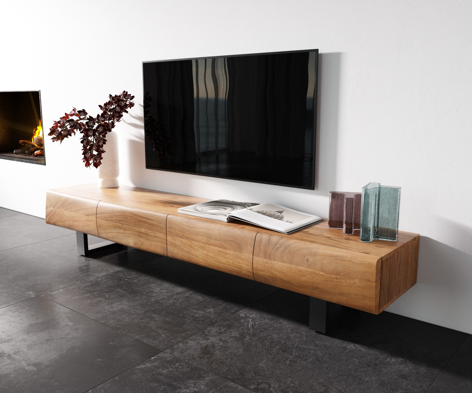TV stolík New Live-Edge 200 cm akácia prírodná 4 dvierka tenká podstava kov čierna