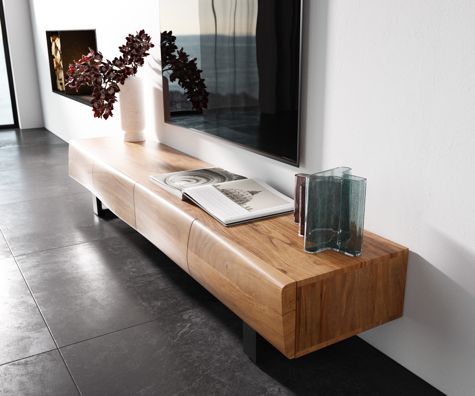 TV stolík New Live-Edge 200 cm akácia prírodná 4 dvierka tenká podstava kov čierna - Image 2