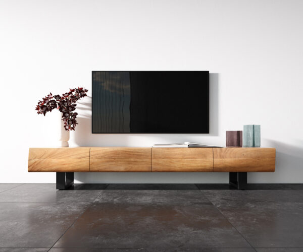 TV stolík New Live-Edge 200 cm akácia prírodná 4 dvierka tenká podstava kov čierna - Image 4