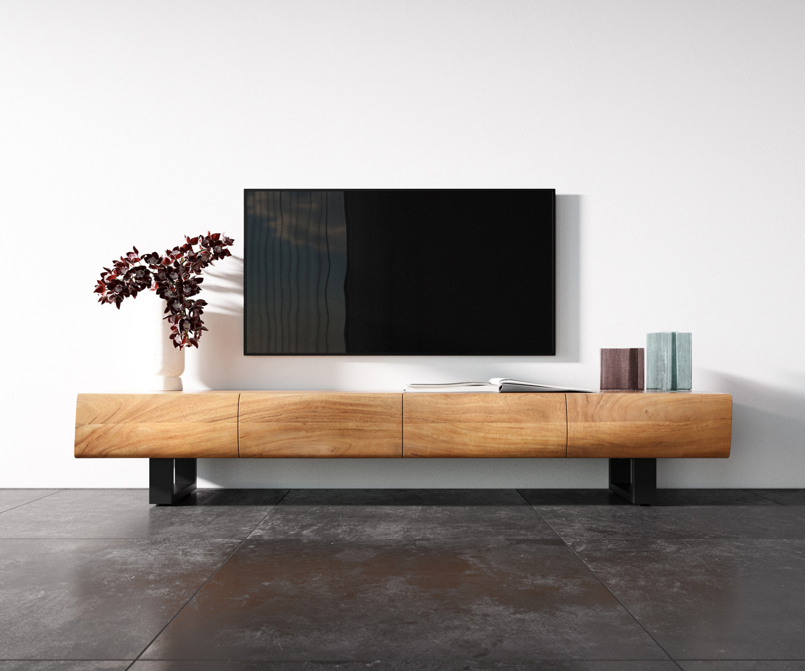 TV stolík New Live-Edge 200 cm akácia prírodná 4 dvierka tenká podstava kov čierna - Image 4