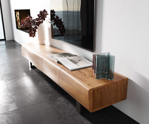 Nízka doska New Live-Edge 200 cm prírodná akácia 4 dvierka behúň kartáčovaná nerezová oceľ - Image 2