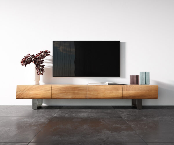 Nízka doska New Live-Edge 200 cm prírodná akácia 4 dvierka behúň kartáčovaná nerezová oceľ - Image 4