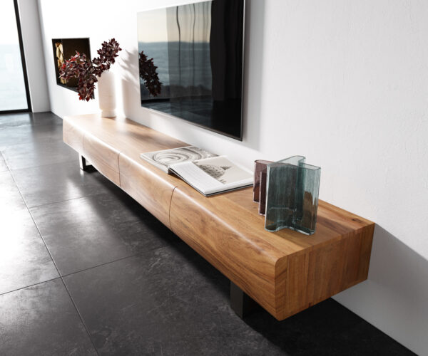 Nízka doska New Live-Edge 240 cm prírodná akácia 4 zásuvky behúň z brúsenej nehrdzavejúcej ocele - Image 2