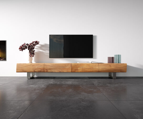 Nízka doska New Live-Edge 240 cm prírodná akácia 4 zásuvky behúň z brúsenej nehrdzavejúcej ocele - Image 4