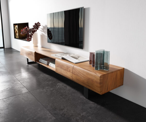 Nízka doska New Live-Edge 240 cm prírodná akácia 4 dvierka 1 priehradka behúň kov čierna - Image 2
