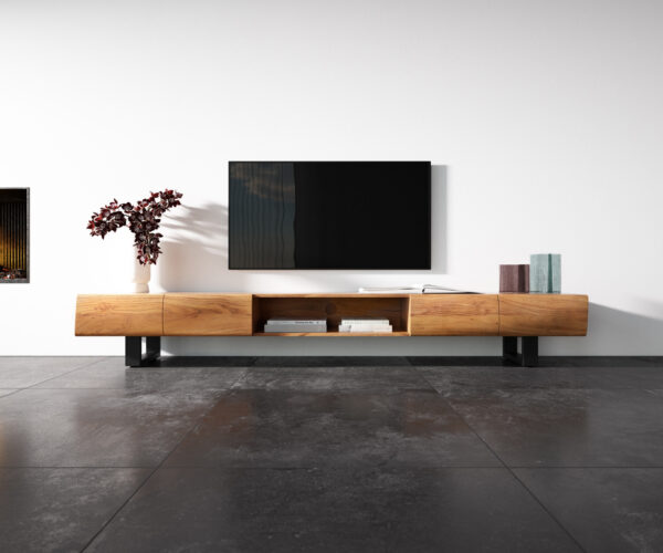 Nízka doska New Live-Edge 240 cm prírodná akácia 4 dvierka 1 priehradka behúň kov čierna - Image 4