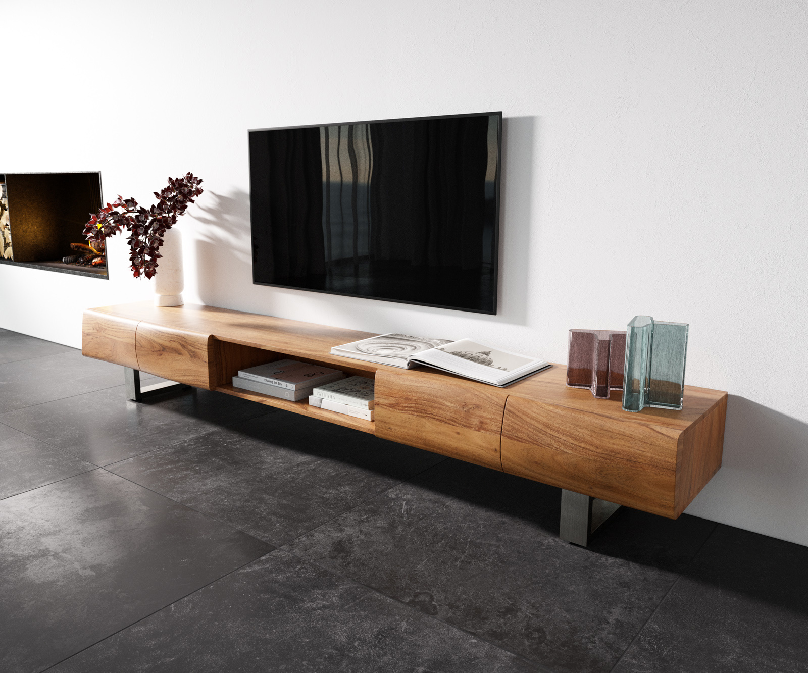 TV stolík New Live-Edge 240 cm akácia prírodná 4 dvierka 1 priehradka tenká podstava nerezová oceľ kefovaná