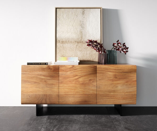 Komoda New Live-Edge 145 cm akácia prírodná 3 dvierka podstava závesná kov čierna - Image 4