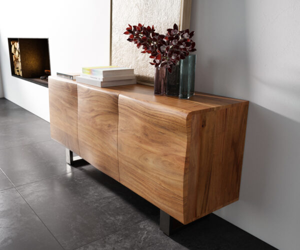Komoda New Live-Edge 145 cm akácia prírodná 3 dvierka podstava z nerezovej ocele kefovaná - Image 2