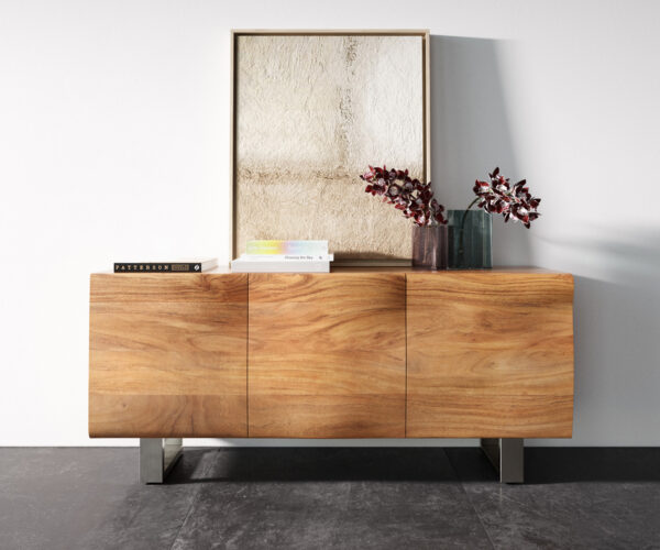 Komoda New Live-Edge 145 cm akácia prírodná 3 dvierka podstava z nerezovej ocele kefovaná - Image 4