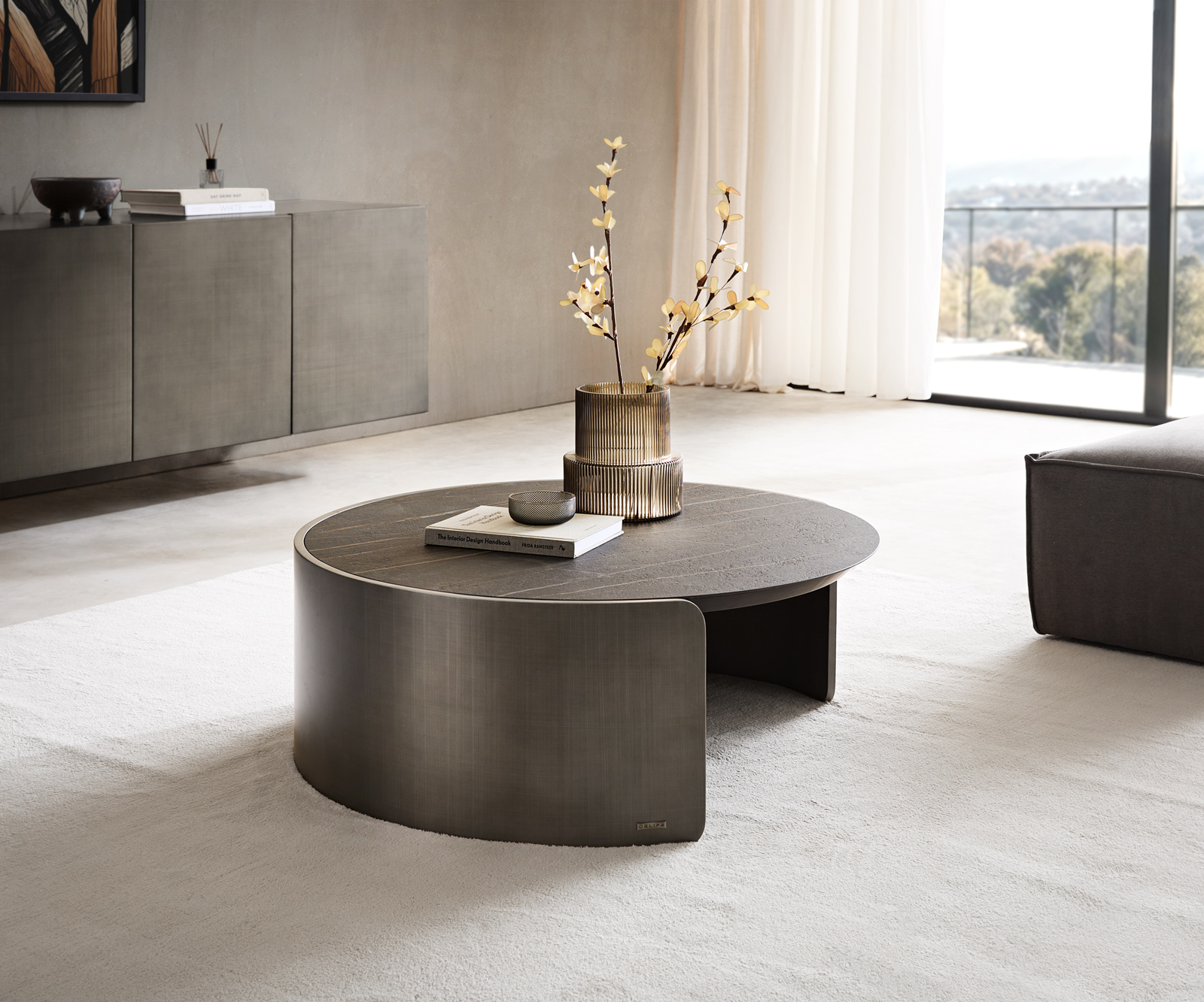 Konferenčný stolík Haru 90x35 cm keramika Laminam® Noir Desir hnedá metalická strieborná