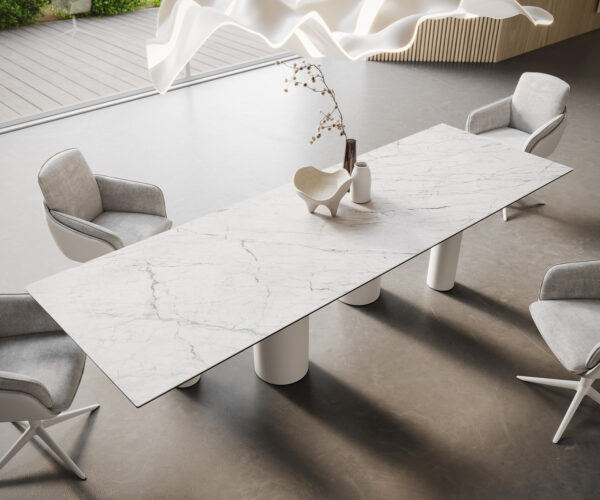 Hranatý jedálenský stôl 300x100 Keramický Laminam®Statuarietto biely Pilier kovový biely - Image 2