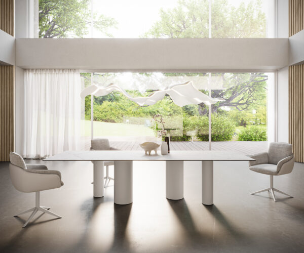 Hranatý jedálenský stôl 300x100 Keramický Laminam®Statuarietto biely Pilier kovový biely - Image 4