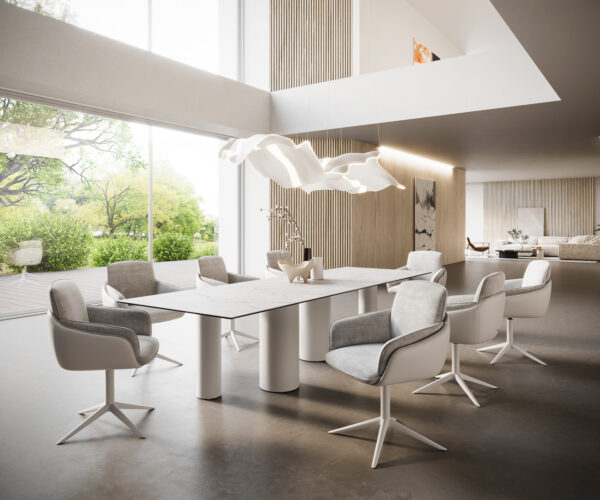 Hranatý jedálenský stôl 300x100 Keramický Laminam®Statuarietto biely Pilier kovový biely - Image 7