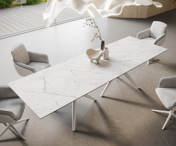 Hranatý jedálenský stôl 300x100 keramický Laminam®Statuarietto biely Estelar okrúhly kovový biely - Image 2