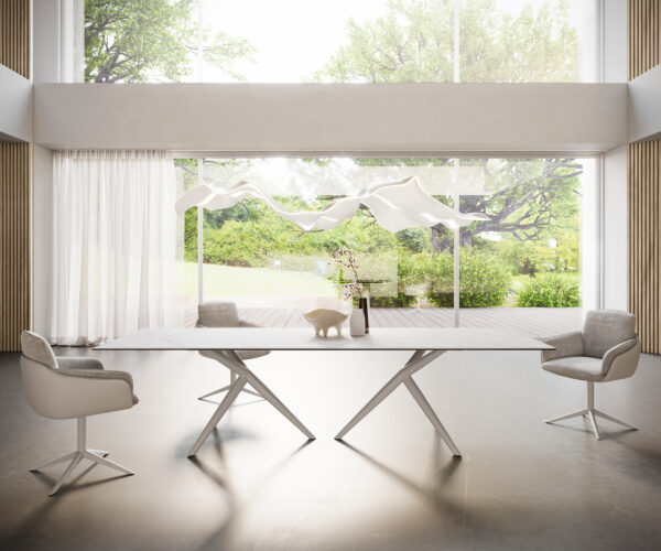 Hranatý jedálenský stôl 300x100 keramický Laminam®Statuarietto biely Estelar okrúhly kovový biely - Image 4