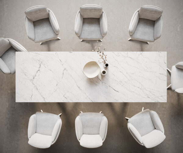 Hranatý jedálenský stôl 300x100 keramický Laminam®Statuarietto biely Estelar okrúhly kovový biely - Image 6