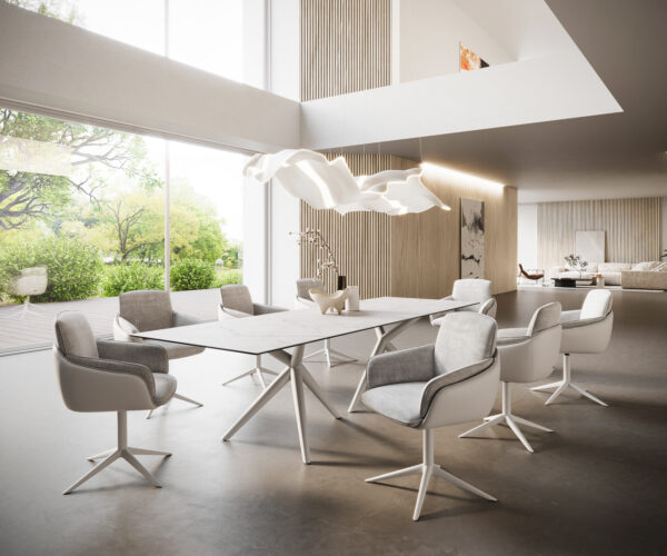 Hranatý jedálenský stôl 300x100 keramický Laminam®Statuarietto biely Estelar okrúhly kovový biely - Image 7