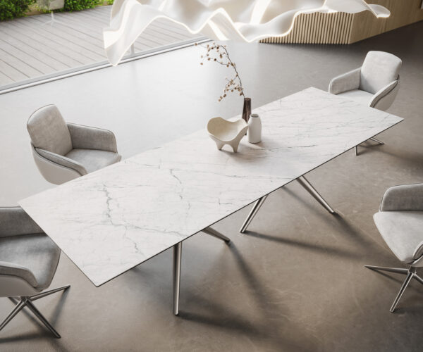 Hranatý jedálenský stôl 300x100 keramický Laminam®Statuarietto biely Estelar okrúhly nerezový - Image 2