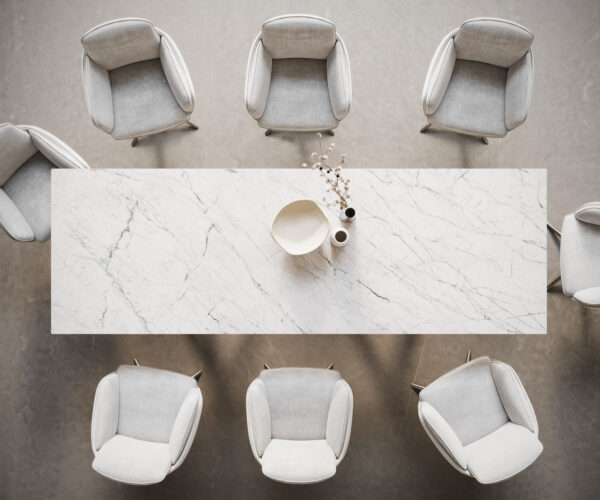 Hranatý jedálenský stôl 300x100 keramický Laminam®Statuarietto biely Estelar okrúhly nerezový - Image 6