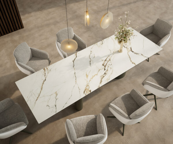 Jedálenský stôl Edge 300x100 keramický Calacatta Luxe bielo-zlato-šedý Troa metalický efekt povrchová úprava titán - Image 4