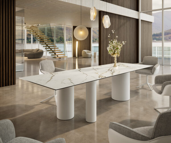 Jedálenský stôl Edge 300x100 keramický Calacatta Luxe bielo-zlatosivý Troa kov biely - Image 2