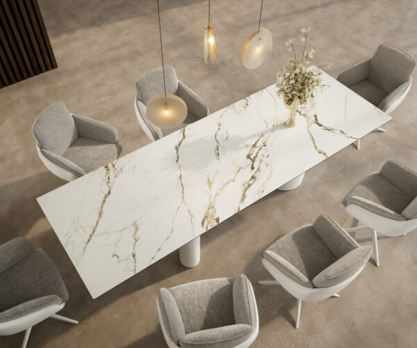 Jedálenský stôl Edge 300x100 keramický Calacatta Luxe bielo-zlatosivý Troa kov biely - Image 4