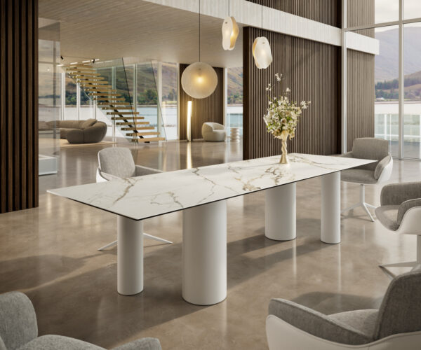 Hrana jedálenského stola 300x100 keramická Calacatta Luxe bielo-zlato-šedá Pilier kov biely - Image 2