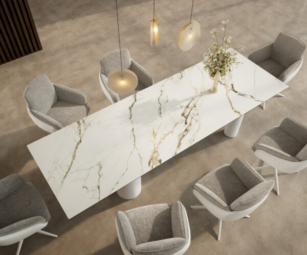 Hrana jedálenského stola 300x100 keramická Calacatta Luxe bielo-zlato-šedá Pilier kov biely - Image 4
