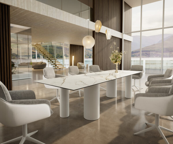 Hrana jedálenského stola 300x100 keramická Calacatta Luxe bielo-zlato-šedá Pilier kov biely - Image 6