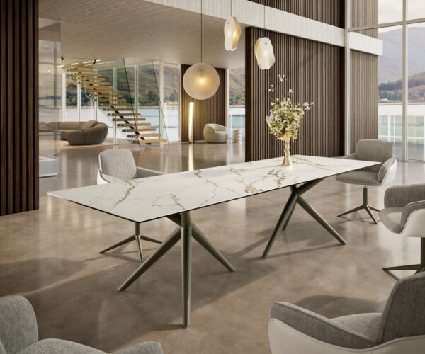 Jedálenský stôl Edge 300x100 keramický Calacatta Luxe bielo-zlatý Estelar okrúhly kovový efekt povrchová úprava titán - Image 2