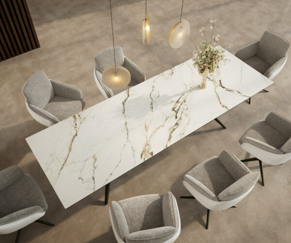 Jedálenský stôl Edge 300x100 keramický Calacatta Luxe bielo-zlatý Estelar okrúhly kovový efekt povrchová úprava titán - Image 4