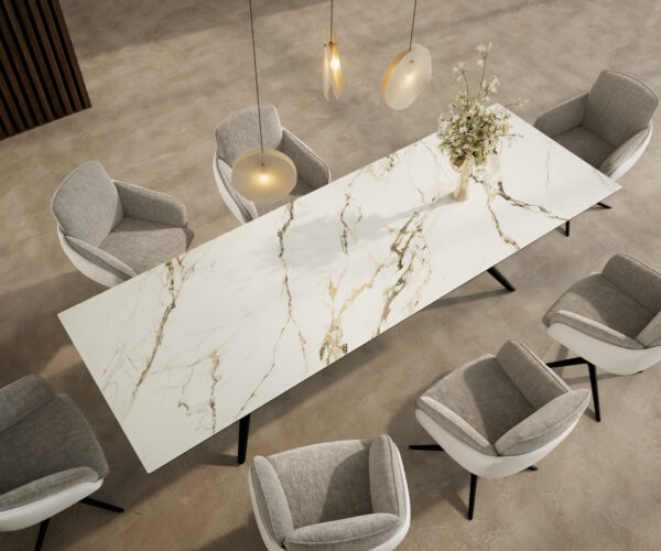 Jedálenský stôl Edge 300x100 keramický Calacatta Luxe bielo-zlatý Estelar okrúhly kovový čierny - Image 4