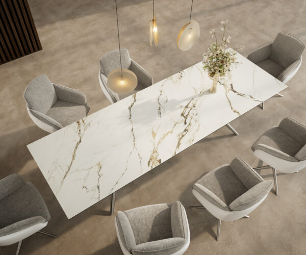 Jedálenský stôl Edge 300x100 Ceramic Calacatta Luxe bielo-zlato-šedý Estelar round z nehrdzavejúcej ocele - Image 4