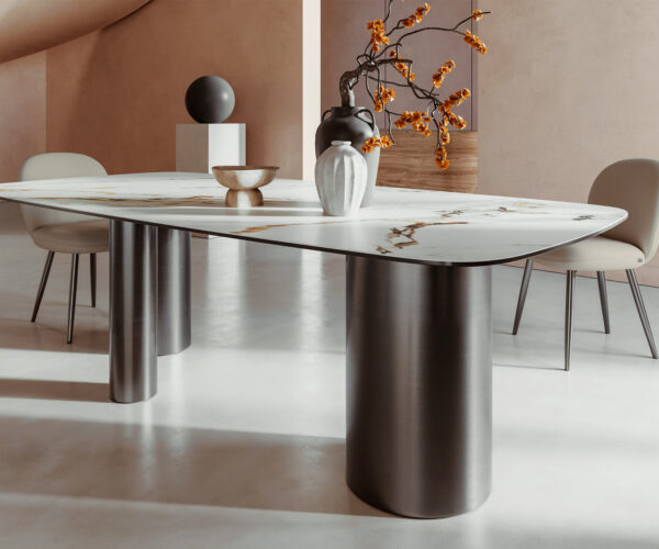 Jedálenský stôl Edge Boot 240x120 keramický Calacatta Luxe bielo-zlatý Troa nerezový grafitový - Image 7