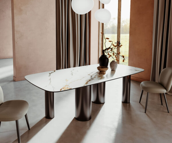 Jedálenský stôl Edge Boot 240x120 keramický Calacatta Luxe bielo-zlatosivý Pillar z nehrdzavejúcej ocele grafitovej farby - Image 2