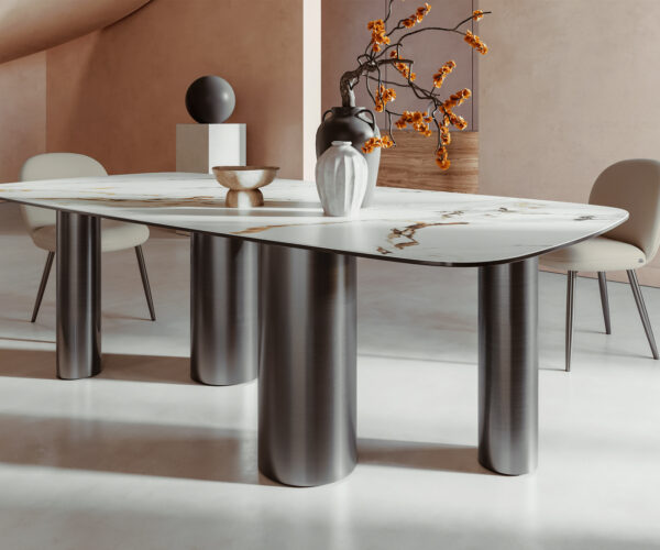 Jedálenský stôl Edge Boot 240x120 keramický Calacatta Luxe bielo-zlatosivý Pillar z nehrdzavejúcej ocele grafitovej farby - Image 7