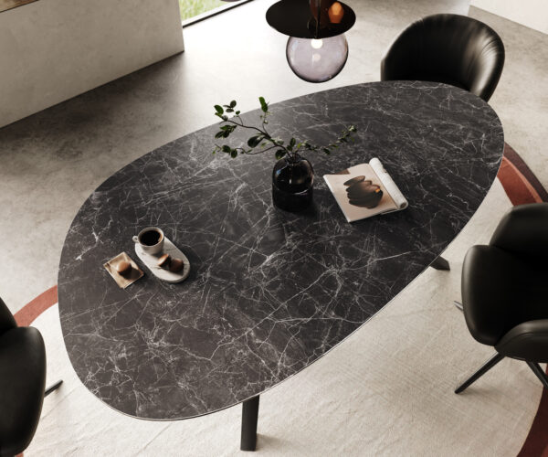 Hranatý oválny jedálenský stôl 220x120 Keramický Laminam® Nero Greco Antracit Zenthara Štvorcový kovový čierny - Image 4