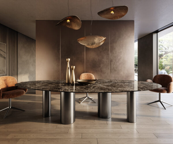 Jedálenský stôl Edge oválny 315x150 keramika Laminam®Emperador Extra Lucidato tmavohnedá kovová podstava nerezová oceľ grafitová - Image 2