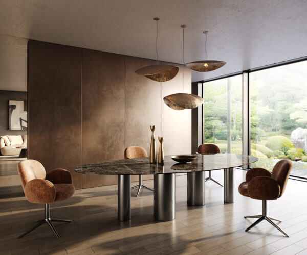 Jedálenský stôl Edge oválny 315x150 keramika Laminam®Emperador Extra Lucidato tmavohnedá kovová podstava nerezová oceľ grafitová - Image 7