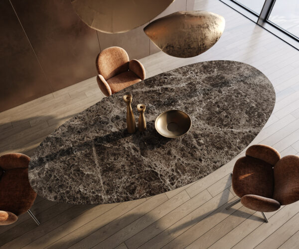 Jedálenský stôl Edge oválny 315x150 keramika Laminam®Emperador Extra Lucidato tmavohnedá kovová podstava nerezová oceľ grafitová - Image 4
